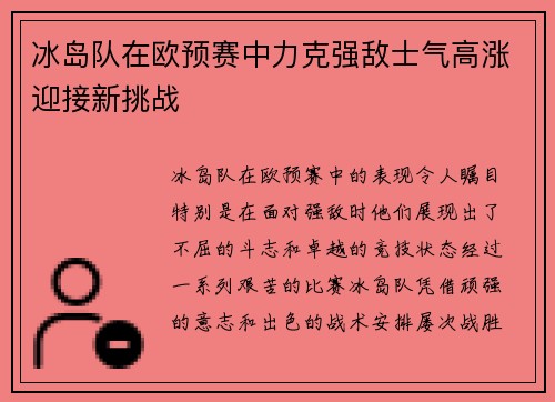 冰岛队在欧预赛中力克强敌士气高涨迎接新挑战